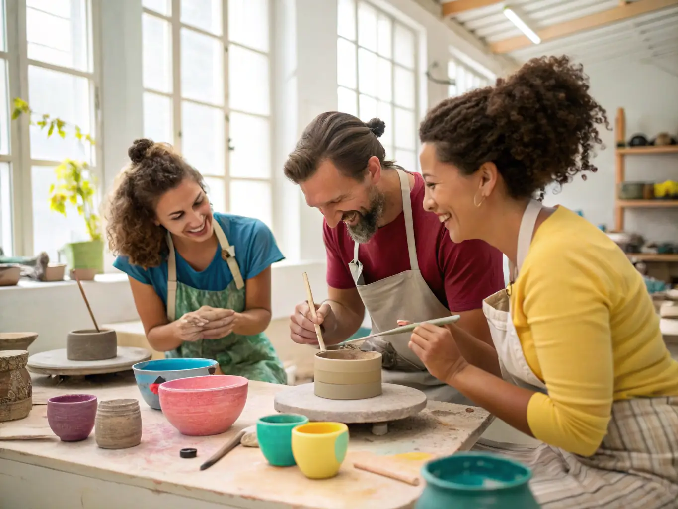 A vibrant photo capturing participants deeply engaged in a hands-on porcelain shaping workshop, showcasing the creative process and collaborative atmosphere.