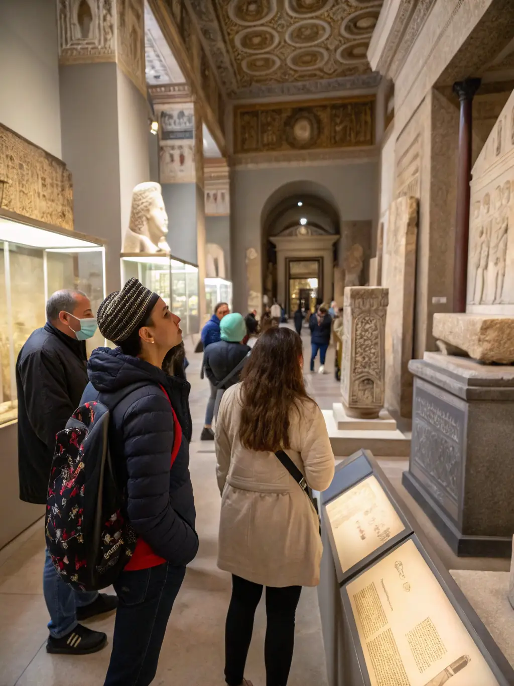 A photograph of a guided tour group listening attentively to a museum guide in front of a display of antique porcelain at LES AMIS DU MUSÉE DE LA PORCELAINE.