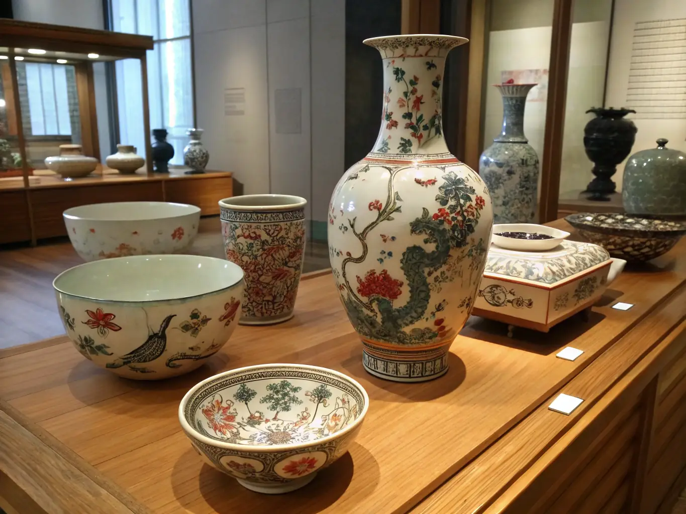 A captivating image of a meticulously arranged porcelain exhibit, highlighting the intricate designs and historical significance of the displayed artifacts.