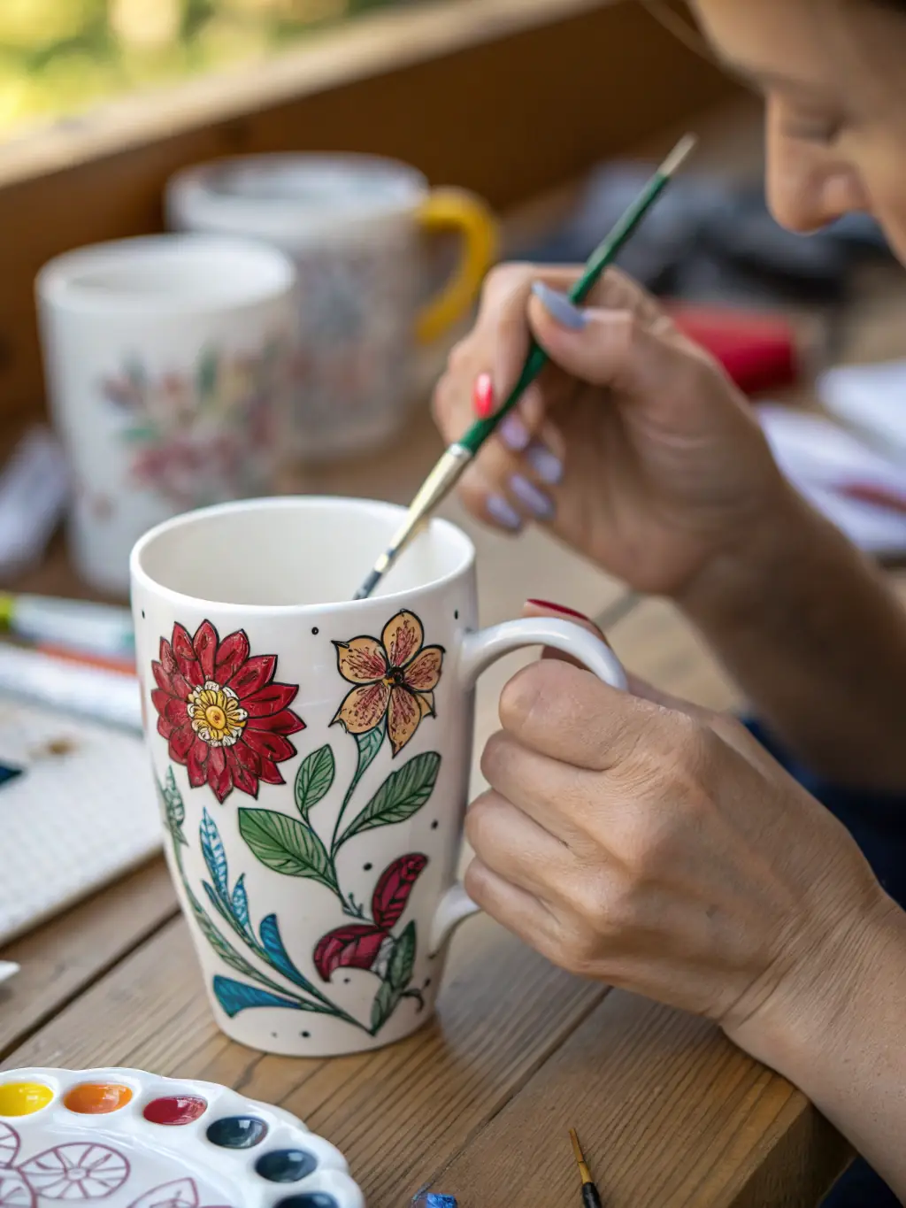 A photograph of participants actively engaged in a porcelain painting workshop at LES AMIS DU MUSÉE DE LA PORCELAINE, showcasing the hands-on experience and creative atmosphere.